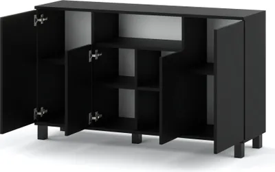 Image de Commode scandinave Sideboard bois 140x80x35 pour le salon, l'entrée ou comme commode chambre à coucher - Design minimaliste - Noir Mat