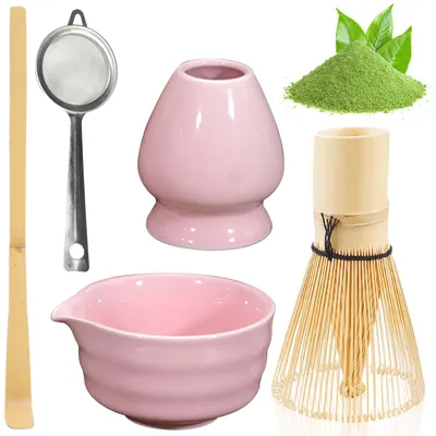 Matcha-Theeset, 5-teilig, Keramik, Bambusbesen, rosa