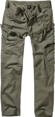A pair of olive green cargo pants laid flat against a white background.