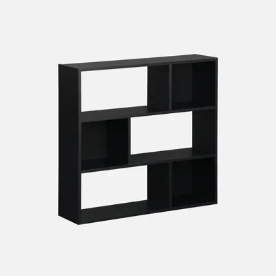 A black bookshelf with multiple compartments against a plain background.
