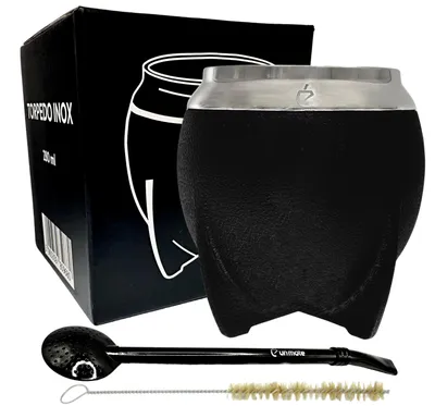 Productafbeelding van Zwarte Un Mate TORPEDO Inox yerba mate set 3-delig – RVS beker 280 ml, bombilla 19 cm en reinigingsborstel