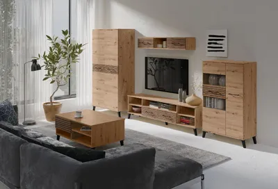 Produktbild von Wohnzimmer-set CARLO 1 Schrank CARLO 1 + TV-Lowboard 6+ Hohe Kommode CARLO 3 + Couchtisch CARLO 8 + Wandregal CARLO 9 Schrankwand Eiche Artisan