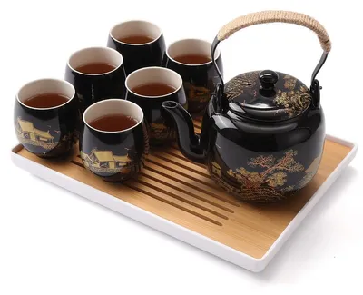 Obrázok produktu pre Japonská čajová súprava – Čierna porcelánová súprava s čajníkom a 6 šálkami