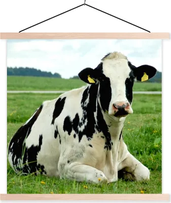 Produktbild von MuchoWow® Textilposter Kuh - Gras - Tiere - Berg 120x120 cm mit holzfarbenen Rahmen - Textil-Poster