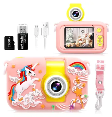 Imagen del producto de Cámara digital para niños, cámara para selfies para niños, regalo para niñas y niños de 3, 4, 5, 6, 7, 8, 9, 10 años, cámara digital para niños con pantalla de 2.4 pulgadas, lente giratorio de 180°