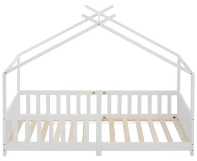Produktbild von Hausbett Kinderbett 90x200 cm in Weiß, mit Zaun, Lattenrost und Rausfallschutz, ohne Matratze