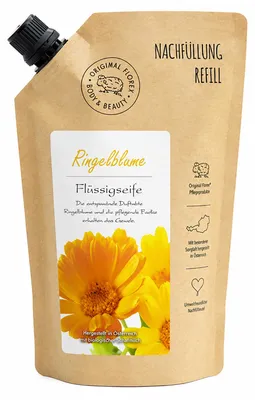 Produktbild von Flüssigseife mit biologischer Schafmilch 500ml im Nachfüll-Beutel, Ringelblume