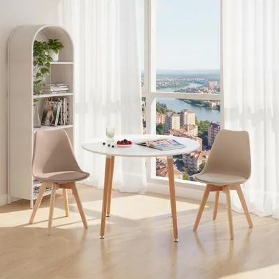 Productafbeelding van Eettafel met 2 stoelen, eethoek, 100 cm, wit, kaki, beukenhout