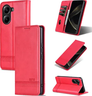 A collage of images showing a red leather phone case from different angles.
