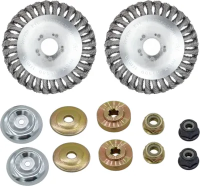 Produktbild von 2x Trade-Shop Unkrautbürste Stahldrahtbürste Stahlrad Trimmerkopf inkl. Adapter-Set kompatibel mit Stihl, Worx, Black & Decker, Husqvarna Motorsense
