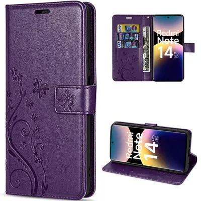 Image de Coque pour Xiaomi Redmi Note 14 Pro 5G, Cuir Synthétique Motif Relief Floral Papillon - Violet Foncé