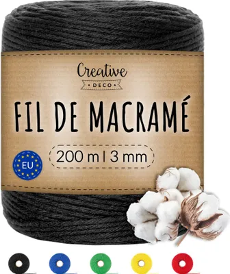 Image de Creative Deco 3mm x 200m Corde Macramé Noir - Fil de Coton et Polyester