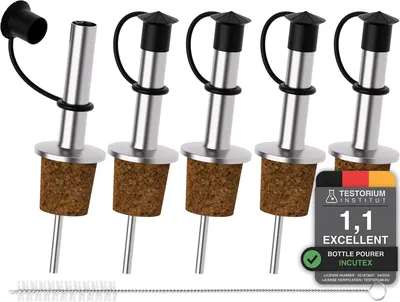 5 Flaschenschnäbel + Reinigungsbürste, Korkausgießer, Edelstahl