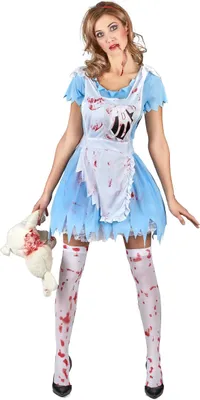 A woman in a zombie Alice in Wonderland costume holding a bloody teddy bear.