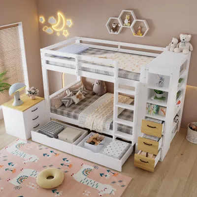 Productafbeelding van Stapelbed van 90x200 cm, gemaakt van hout in de kleuren wit/naturel, met 2 opbergkasten, een zijwaarts geplaatst opbergrek en een ladder, geschikt voor kinderkamers of tienerkamers