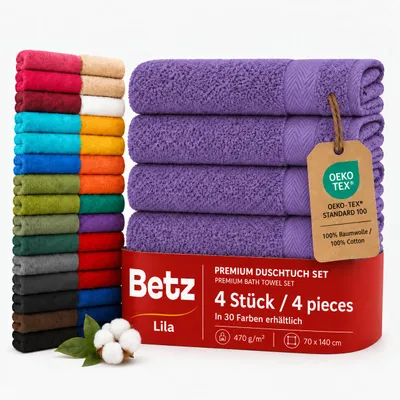 Produktbild von Betz 4 Stück Strandtücher Duschtücher Set Größe 70x140 cm Duschhandtuch Badetuch Strandtuch Handtuch Premium 100% Baumwolle Farbe lila, KI-generiertes Bild