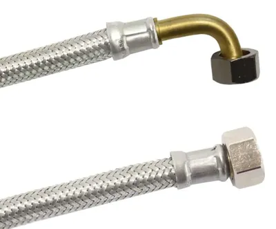 Zdjęcie produktu dla Wąż opancerzony DN8 DVGW w oplocie ze stali nierdzewnej 3/8" OD x 3/8" OD z kolankiem 800 mm Kolano 800 mm