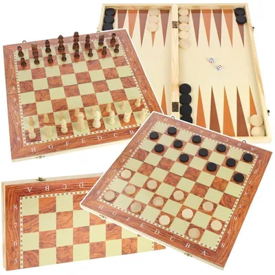 Produktbild von Klassisches 3-in-1-Brettspiel aus Holz: Schach, Dame, Backgammon, 48 x 48 cm