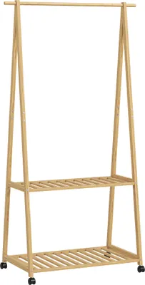 Produktbild von Bambus-Kleiderständer mit 2 Regalen, 67 cm Kleiderstange und Rollen – Stauraumoptimiert