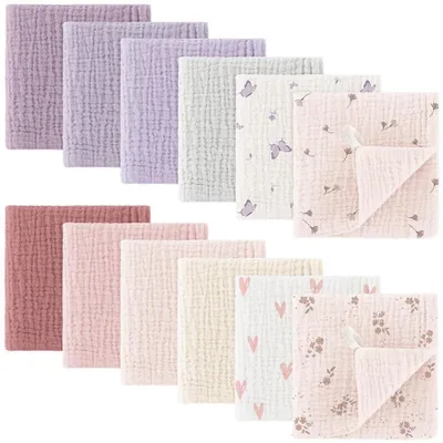 Obrázek produktu pro Měkké pleny pro miminka, 12 kusů, rozměr 25x25 cm, růžovo-fialová barva, 100% bavlna, savé, prodyšné