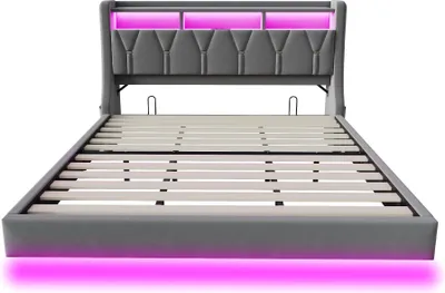 Produktbild von Flieks Polsterbett 180x200cm mit Ladefunktion, Jugendbett Doppelbett mit Led, Stauraumbett Holzbett mit Stauraumkopfteil, Samt, Dunkelgrau