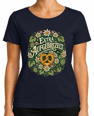 Imagen del producto de Camiseta para , diseño tradicional, para mujer, color azul marino, talla 3XL. Incluye detalles como pretzel, traje tradicional, pantalones de cuero y cerveza