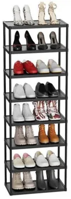 Immagine prodotto di Scaffale per scarpe, 8 ripiani, alto e stretto, nero, salvaspazio, verticale, impilabile, in plastica e metallo