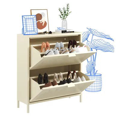 Produktbild von FLEXISPOT Schuhschrank Metall mit 2 Klappen, platzsparender Schuhkipper mit Belüftungslöchern, stabile Stahlkonstruktion, Cremegelb