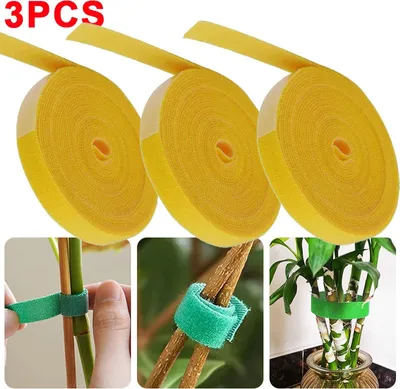 Image de 3 rouleaux d'attaches pour plantes, 12 mm x 5 m ; attaches pour plantes refermables ; bande Velcro pour plantes ; attaches autocollantes ; attaches pour câbles, jaunes, 5 m