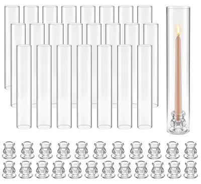 Immagine prodotto di VEVOR, set di 24 cilindri in vetro per candele, portacandele a forma di lanterna, 65x350 mm, bicchieri per candele in vetro borosilicato, portacandele a forma di coppa senza fondo, protezione antivento per candele, ideale per decorazioni di matrimonio, Natale e feste