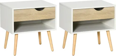 Image de Lot de 2 tables de chevet - table de nuit - 1 tiroir & étagère - 50x39x51 cm - mélaminé, bois - style marocain moderne - blanc & chêne