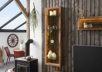 Produktbild von MASSIVMOEBEL24 Hängevitrine Akazie 45x30x145 natur lackiert BARK #104