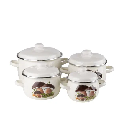 A set of four white enamel pots with mushroom illustrations, arranged in a group against a white background.