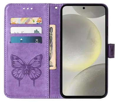 Produktbild von Galaxy S24 Hülle, Schmetterling Prägung Leder Kartenfächer Schutzhülle mit Ständer für Samsung Galaxy S24 Violett