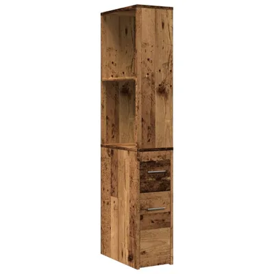 A tall, narrow cabinet with a rustic wood finish, featuring two open shelves at the top and two drawers at the bottom.