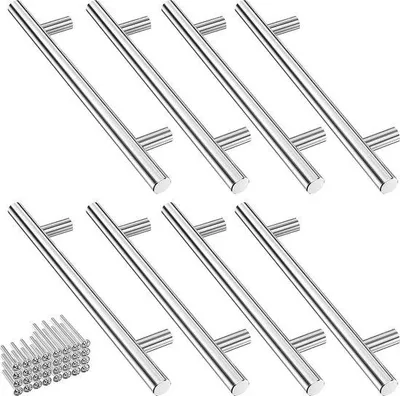 Obrázek produktu pro Sada 8 kusů kuchyňských úchytek Unyqoos® z nerezové oceli, stříbrné barvy – rozměry 200×32 mm, rozteč otvorů 128 mm, včetně 32 šroubů, kulatý design pro skříňky a zásuvky