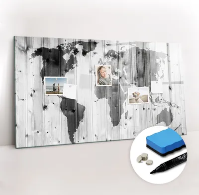 Produktbild von Magnetpinnwand Memoboard - Zubehörsatz - Schwarzer Marker + Schwamm + Magnete - 120 x 60 cm - Weltkarte auf Holz
