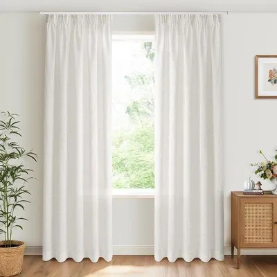 Productafbeelding van Lichtdoorlatend Gordijnen met Plooiband 2 Stuks, Linnenlook Gordijnen 140 x 245 cm, Wit voor Woonkamer en Slaapkamer