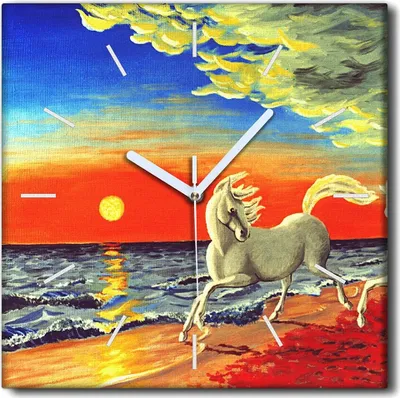 Produktbild von Coloray Uhr auf Leinwand 30x30 cm Wand Uhr Dekoration Wohnzimmer Segeltuch weiße Zeiger -Pferde Tiere Strand.