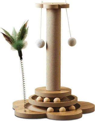 Produktbild von Famanu 4-in-1 interaktives Katzenspielzeug - Kratzbaum mit Holzspielbahn und Sisalball