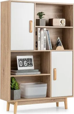 Obrázok produktu pre 4 poschodová knižnica s 2 dvierkami 4 otvorené police 80 x 24 x 120 cm Biela