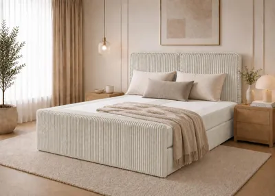 Produktbild von Boxspringbett ALIA Bett mit Bettkästen Doppelbett Stauraum Schlafzimmer Polsterbett aus Cordstoff Bettgestell (120x200, Beige - Tilia 03, ohne Topper)