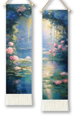 Wandteppich Lotus-Teich, 130x33 cm, 2 Stück, Ölgemälde-Stil