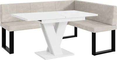 Produktbild von MEBLINI Eckbank für Esszimmer mit ausziehbarem Tisch  - Küchenbank - Essecke - Sitzecke Küche - PETER - U-Beine 128x168x87cm Rechts - Beige Samt/M Weiß Matt