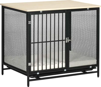 Produktbild von Hundekäfig, Hundehaus mit Tischplatte, Hundehütte mit Kissen, ausziehbarer Bodenwanne, Hundebox, Eiche+Schwarz, 80 x 55 x 71 cm