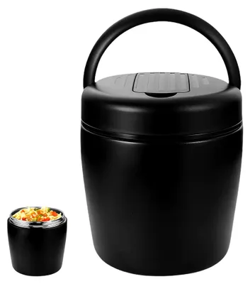 Produktbild von Edelstahl-Warmhaltebehälter für Speisen 1500ml mit Schnallendeckel und Löffel, ideal für Picknick, Schulen und Büros, Schwarz