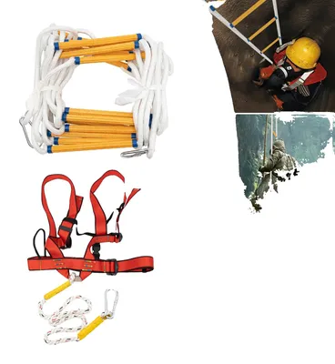 Image de Échelle de secours à corde, longueur 10 m, capacité de charge 200 kg, 3 crochets, diamètre de corde 18 mm, harnais en polyester