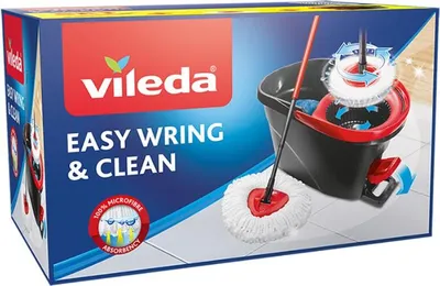 A product box for a Vileda Easy Wring & Clean mop and bucket set, showing a diagram of the mop and bucket.