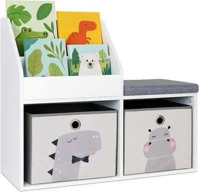 Produktbild von Kinderbuchregal mit Sitzbank – 2 Fächer – Weiß-Grau – 72 x 79 x 31 cm