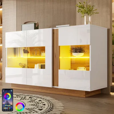 Image de Commode moderne avec 3 portes en acrylique et éclairage LED, meuble de rangement blanc et naturel, dimensions : 120 x 38 x 80 cm